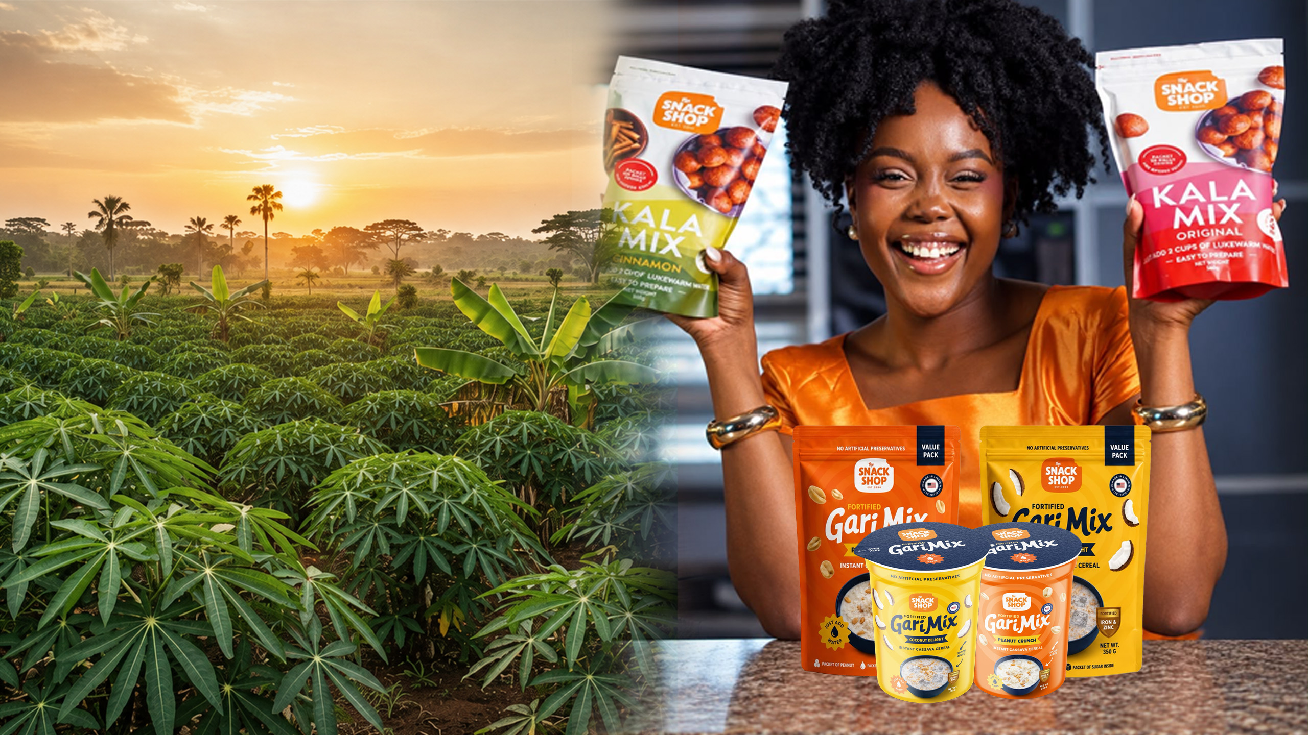 A cassava field at sunrise, beside a woman holding Kala Mix Cinnamon and Original pouches above the Fortified GariMix value packs and cups